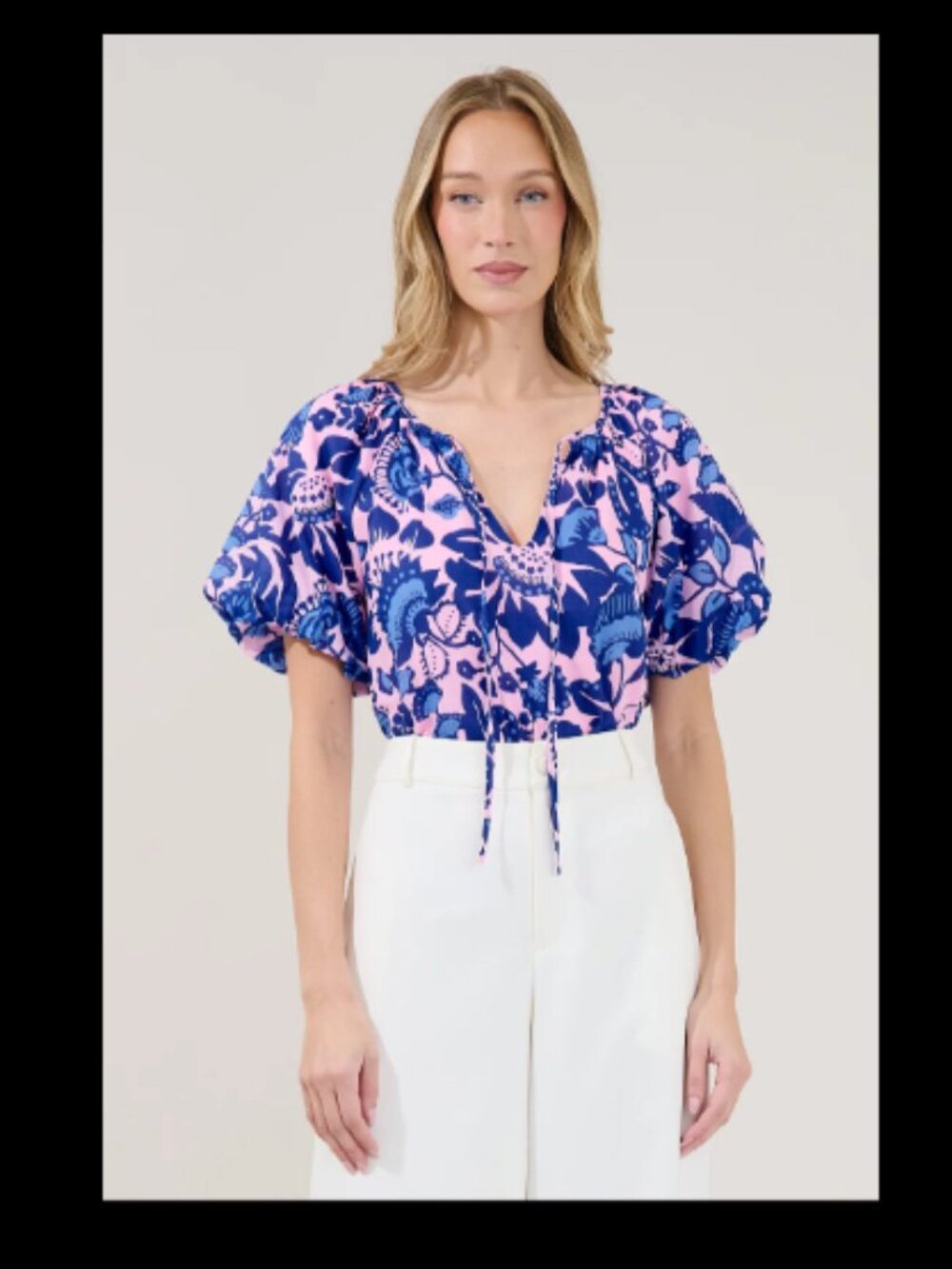 NWT Women's Pink Blue Floral Blouse Puff Sleeve Tie Neck Overseas Top Medium
